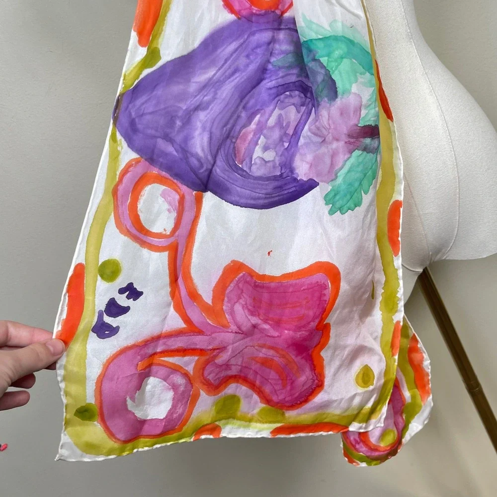 Vintage Hand Painted Silk Scarf Women Multicolor Floral Watercolor Artistic Boho